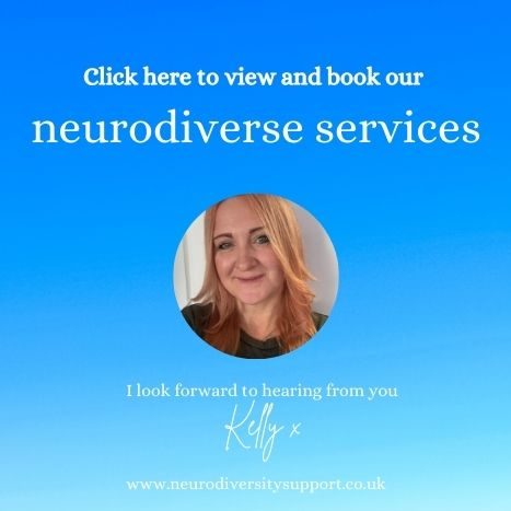 Woman with red hair promoting neurodiverse services on a blue background.
