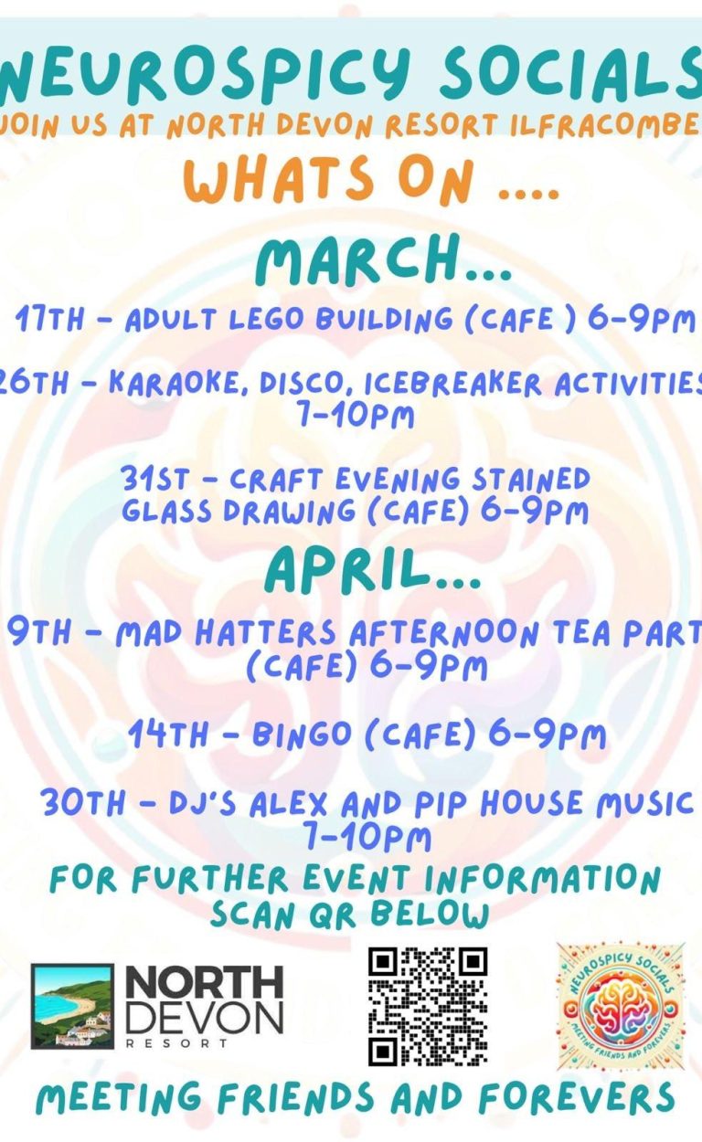Poster for Neurodiversity events in March and April, detailing activities and dates.